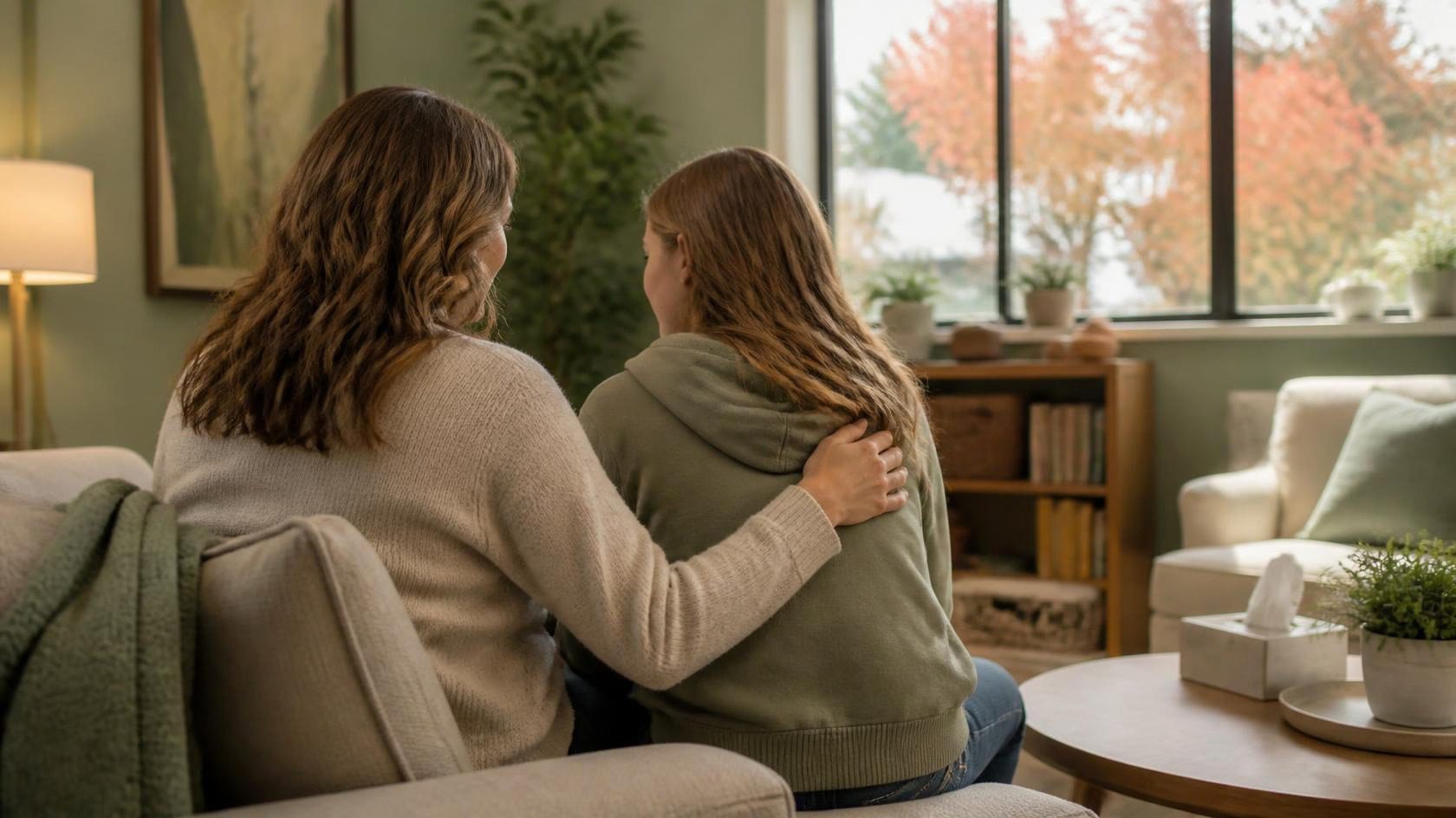 Teen and parent sitting together in a calm, welcoming counseling office